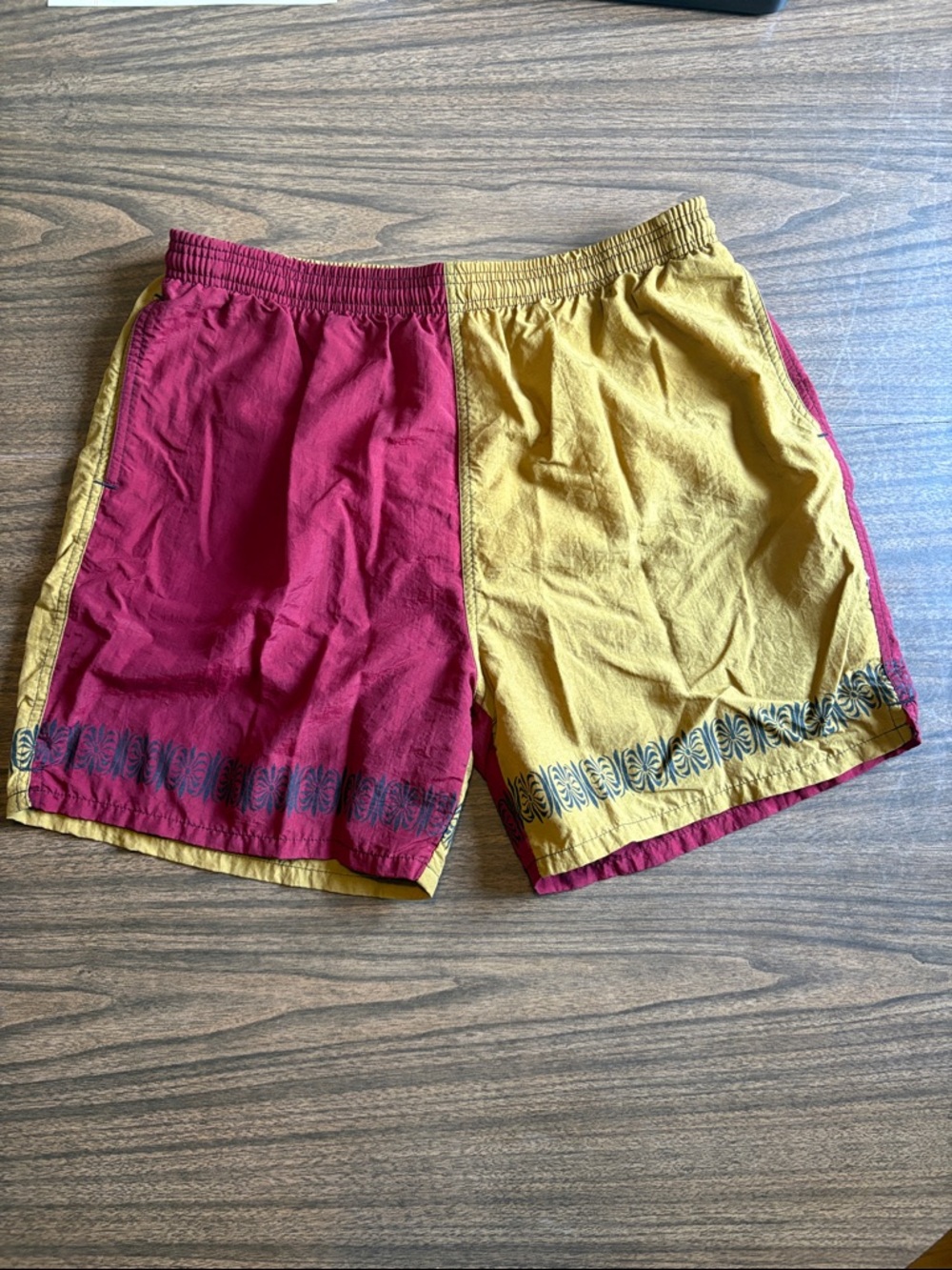 VINTAGE Large Swim Trunks Two Tone Red Yellow Weekends Beachwear